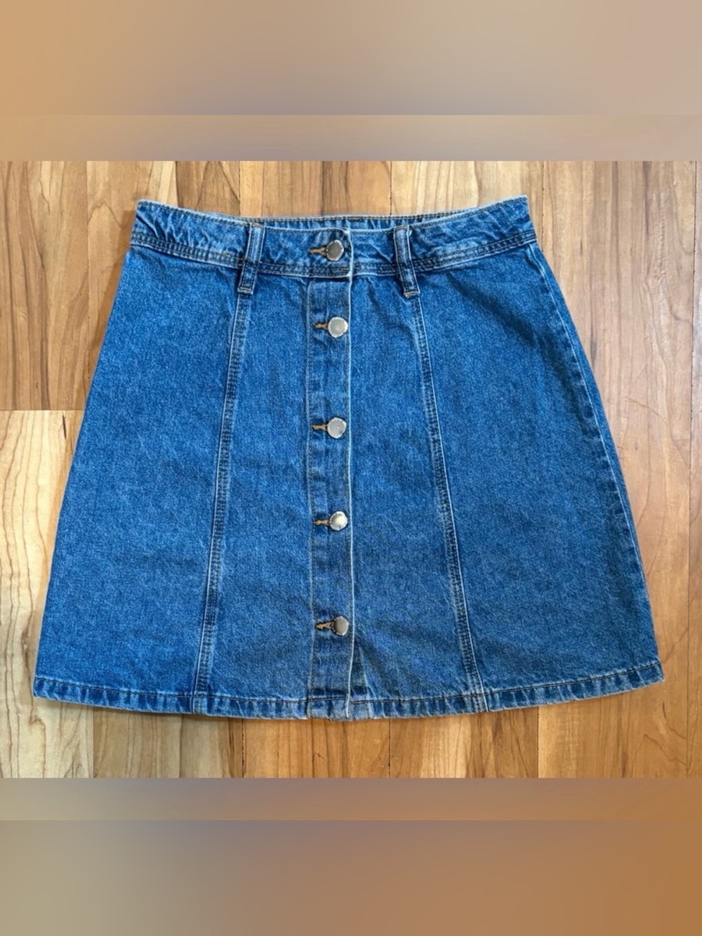 Divided H&M, High Waist A-Line Button Up Blue Denim Miniskirt, Size 2